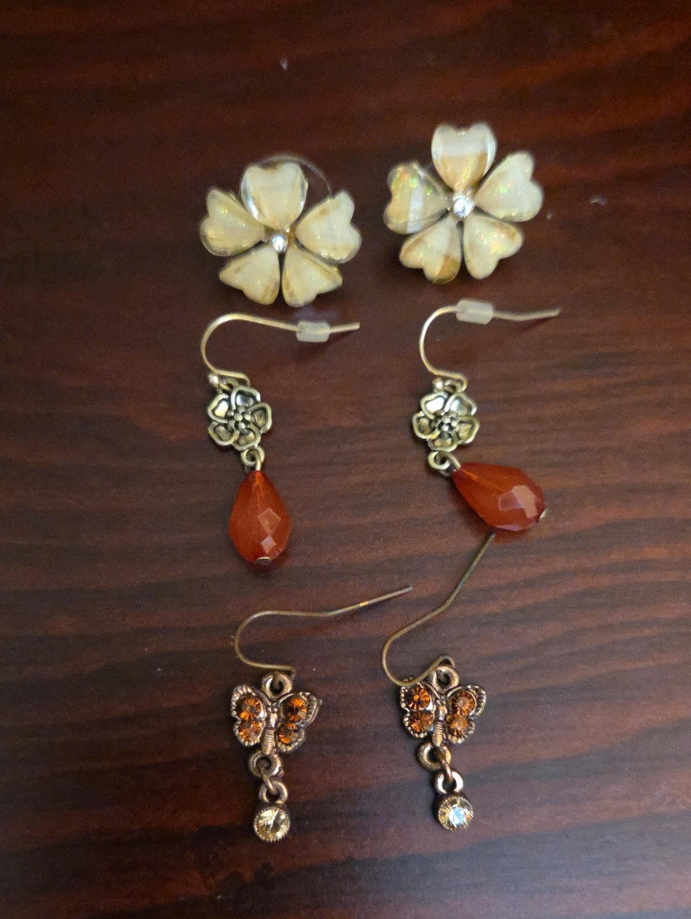 Gold/Rose Gold Earrings Set - Cream Flower, Orange Teardrop & Amber Butterfly